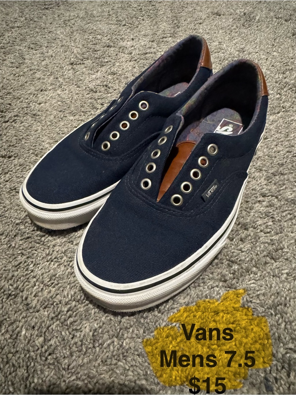 Vans Men's Slip-On Canvas Sneakers in Navy and Brown Accents